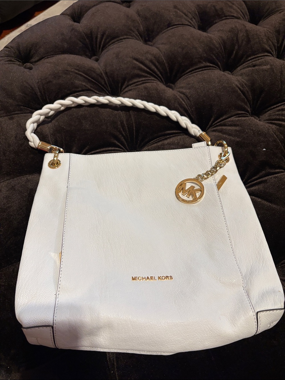 Michael Kors White Leather Braided-Handle Shoulder Tote with Gold Hardware